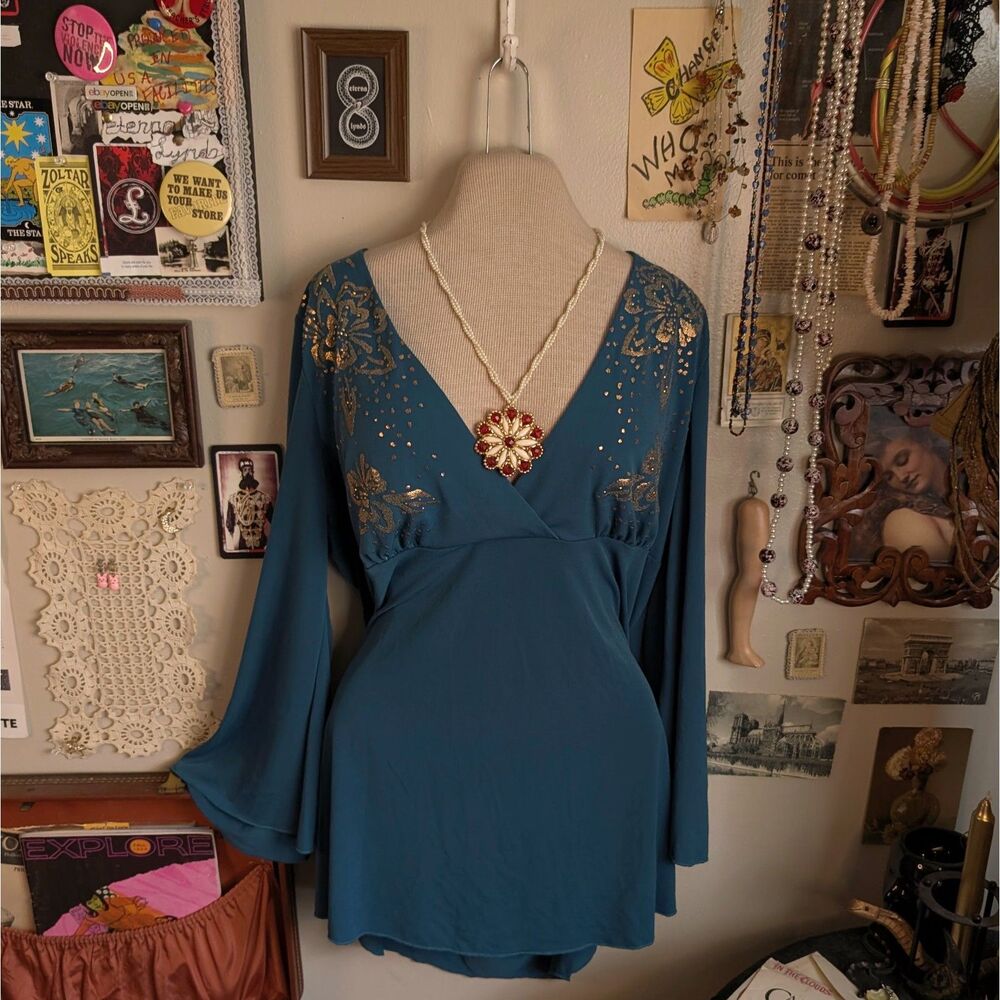 Vintage Bell Sleeve V-Neck Blouse Women's 2XL Blue Gold